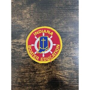 Vintage Indiana Boater Education Patch Red Round Embroidered Cloth IN Souvenir